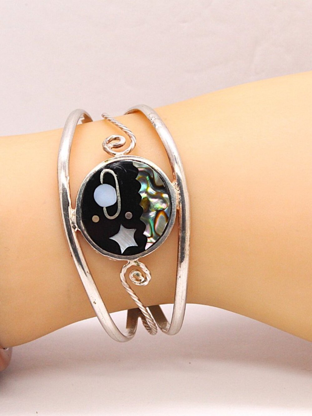Vintage Bracelet Saturn Star Mexico Alpaca Silver Mother Of Pearl